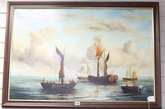 E. Ponthier, oil on canvas, Dutch shipping off the coast, signed, 60 x 90cm.